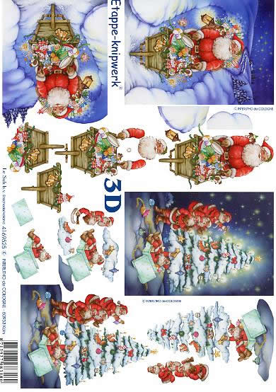3D Bogen Weihnachtsmann + Schubkarre - Format A4, Weihnachten - Geschenke,  Weihnachten - Weihnachtsbaum,  Weihnachten - Weihnachtsmann,  Le Suh,  Weihnachten,  3D Bogen,  Weihnachtsmann + Schubkarre