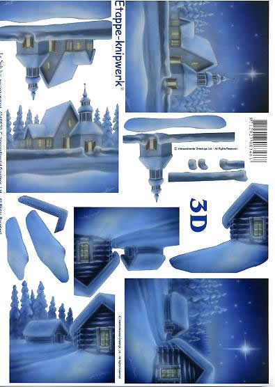 3D Bogen Schneehäuser blau - Format A4,  Sonstiges -  Sonstiges,  Winter - Schnee,  Le Suh,  Winter,  3D Bogen,  Schneehäuser blau,  Winterlandschaft