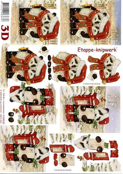 3D Bogen Weihnachts - Panda`s - Format A4,  Winter - Schnee,  Le Suh,  Weihnachten,  3D Bogen,  Weihnachts-Panda`s,  Briefkasten