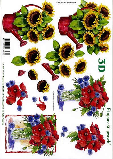 3D Bogen Sonnenblumen+Kornblumen - Format A4, Blumen - Mohn,  Blumen - Sonnenblumen,  Blumen -  Sonstige,  Le Suh,  3D Bogen,  Kornblumen in Vase,  Gießkanne