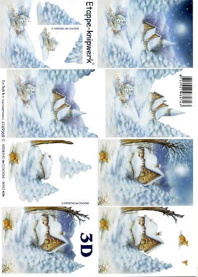 3D Bogen Kirche im Schnee - Format A4, Tiere - Hasen,  Tiere - Reh / Hirsch,  Winter - Schnee,  Le Suh,  Winter,  3D Bogen,  Kirche im Schnee,  Winterlandschaft