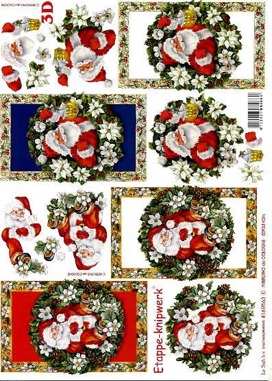3D Bogen Weihnachtsmann im Kranz - Format A4, Blumen - Christrosen,  Weihnachten - Weihnachtsstern,  Weihnachten - Weihnachtsmann,  Le Suh,  Weihnachten,  3D Bogen,  Weihnachtsmann im Kranz,  Ilex,  Laterne