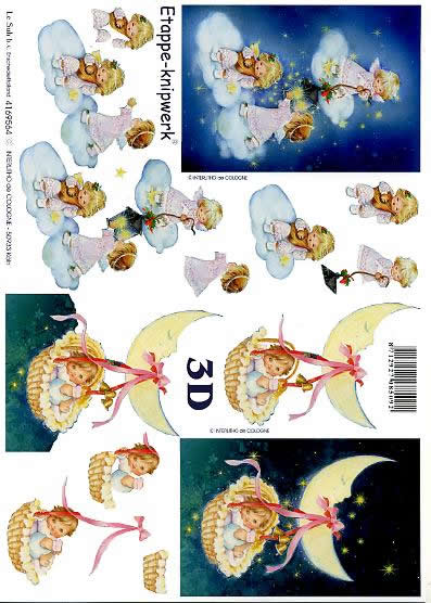 3D Bogen Engel - Format A4,  Weihnachten - Engel,  Le Suh,  Weihnachten,  3D Bogen,  Engel auf Wolke + am Mond im Körbchen