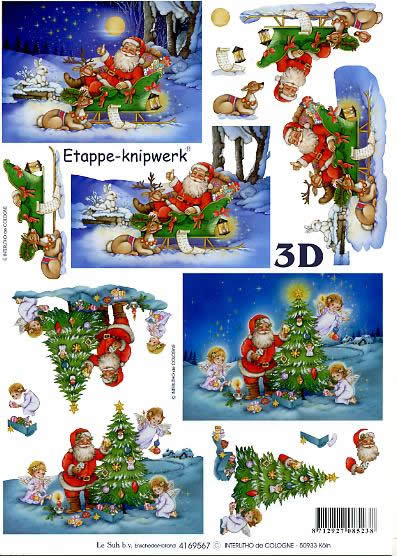 3D Bogen Weihnachsmann auf Schlitten - Format A4, Winter - Schlitten,  Weihnachten - Weihnachtsbaum,  Weihnachten - Weihnachtsmann,  Le Suh,  Weihnachten,  3D Bogen,  Weihnachsmann im Schnee,  Engel,  Tiere