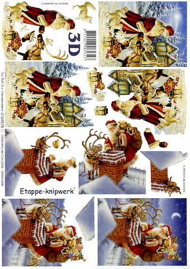 3D Bogen Weihnachtsmann auf dem Dach - Format A4, Tiere - Rentiere,  Winter - Schnee,  Weihnachten - Weihnachtsmann,  Le Suh,  Weihnachten,  3D Bogen,  Weihnachtsmann auf dem Dach,  Geschenke,  Tiere