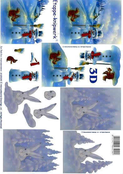 3D Bogen Schneemann + Hase - Format A4, Tiere - Eichhörnchen,  Winter - Schnee,  Winter - Schneemänner,  Le Suh,  Winter,  3D Bogen,  Schneehase,  Winterlandschaft