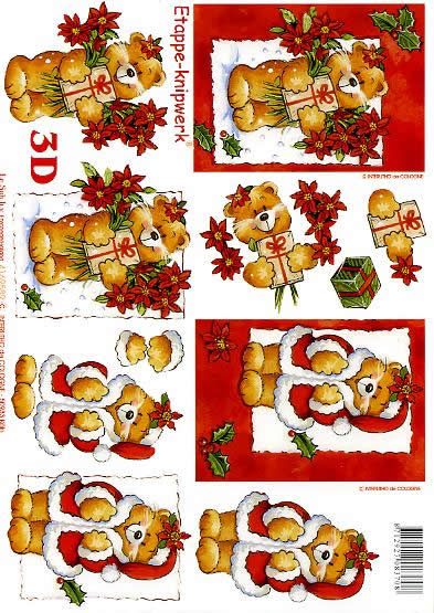3D Bogen Weihnachtsbärchen mit Blumen - Format A4, Weihnachten - Geschenke,  Tiere - Bären,  Weihnachten - Weihnachtsstern,  Le Suh,  Weihnachten,  3D Bogen,  Weihnachtsbärchen mit Blumen