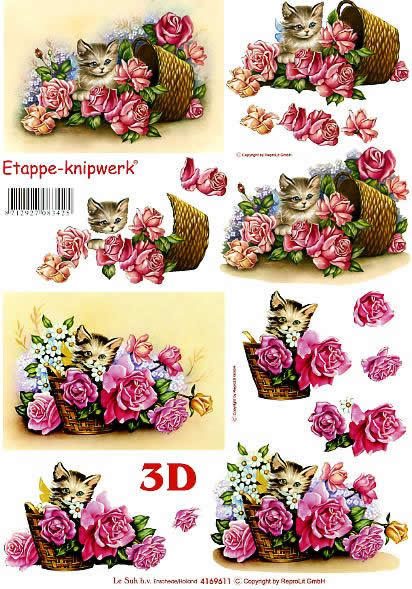 3D Bogen Katze + Rosen - Format A4, Tiere - Katzen,  Blumen - Rosen,  Blumen -  Sonstige,  Le Suh,  3D Bogen,  Katze + Rosen