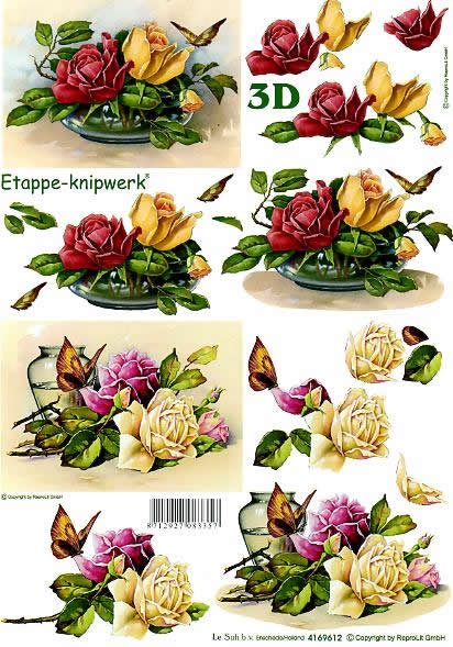 3D Bogen Rosen (Schale + Vase) - Format A4, Tiere - Schmetterlinge,  Blumen - Rosen,  Blumen -  Sonstige,  Le Suh,  3D Bogen,  Rosen (Schale + Vase)