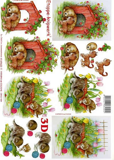 3D Bogen Hund und Kätzchen - Format A4, Tiere -  Sonstige,  Blumen - Tulpen,  Blumen -  Sonstige,  Le Suh,  3D Bogen,  Hund und Kätzchen