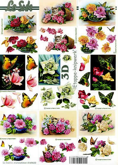 3D Bogen Rosen+Schmetterlinge klein - Format A4, Tiere -  Sonstige,  Blumen - Rosen,  Blumen -  Sonstige,  Le Suh,  3D Bogen,  Rosen+Schmetterlinge klein