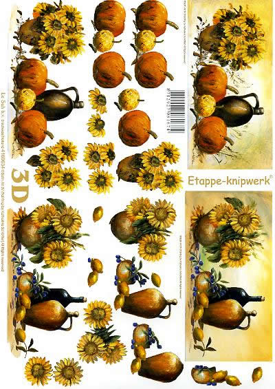 3D Bogen Kürbisse + Sonnenblumen - Format A4, Regionen - Mediteran,  Früchte - Kürbisse,  Blumen - Sonnenblumen,  Le Suh,  3D Bogen,  Kürbisse + Sonnenblumen,  Krug