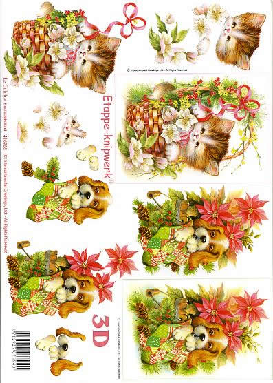 3D Bogen Katze und Hund - Format A4, Tiere -  Sonstige,  Blumen - Christrosen,  Weihnachten - Weihnachtsstern,  Le Suh,  Weihnachten,  3D Bogen,  Katze im Körbchen,  Hundim Eimer