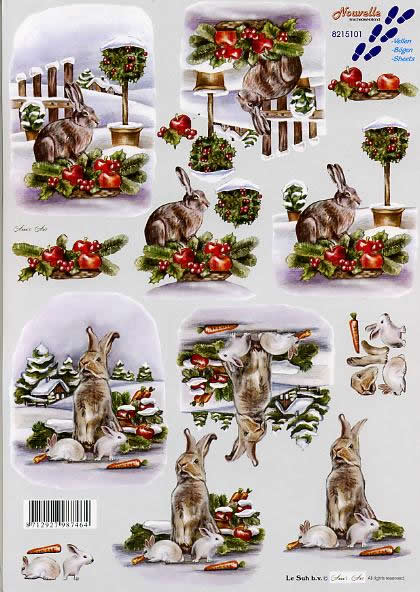 3D Bogen Weihnachtshase - Format A4,  Winter - Schnee,  Tiere - Hasen,  Le Suh,  Winter,  3D Bogen,  Weihnachtsgesteck