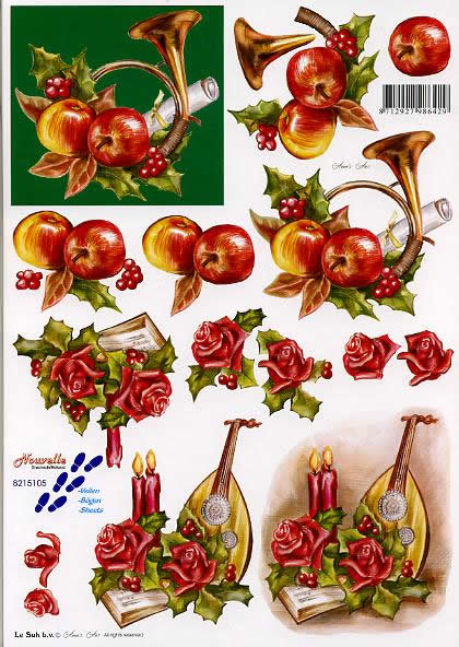3D Bogen Horn + Laute - Format A4, Weihnachten - Kerzen,  Sonstiges - Musik,  Blumen - Rosen,  Le Suh,  Weihnachten,  3D Bogen,  Horn + Laute,  Obst