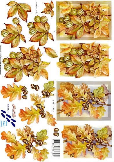 3D Bogen Herbstblätter - Format A4,  Herbst - Blätter / Laub,  Früchte - Kastanien,  Le Suh,  Herbst,  3D Bogen,  Eichelzeig mit Blättern und Früchten,  Kastanienzweig mit Früchten und Blättern