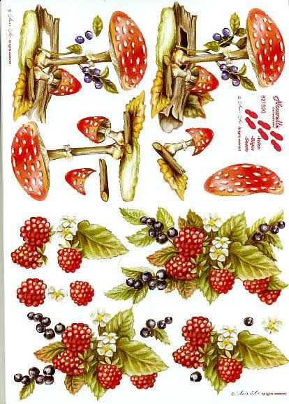 3D Bogen Pilze + Himbeeren - Format A4, Früchte - Pilze,  Sonstiges -  Sonstiges,  Früchte - Himbeeren,  Le Suh,  Herbst,  3D Bogen,  Pilze + Himbeeren