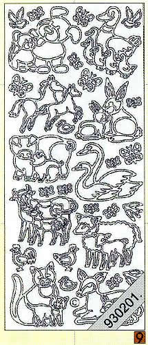 1 Stickers - 10 x 23 cm 0829 - Bauernhoftiere - gold, Motiv - Tiere,  Farbe - gold,  Art - Stickers normal,  Jahreszeit - Everyday,  0829 - Bauernhoftiere,  Schwan,  Hase,  Schaf,  Reh,  Katze,  Hund,  Pferd,  Schwein,  Enten,  Kücken