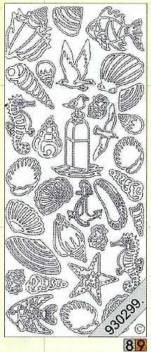 1 Stickers - 10 x 23 cm 0819 - Meeresfrüchte - silber,  Farbe - silber,  Art - Stickers normal,  Jahreszeit - Everyday,  0819 - Meeresfrüchte,  Muscheln,  Seepferdchen,  Seestern,  Möwe,  Anker,  Fische