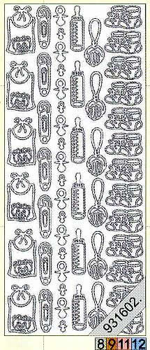 1 Stickers - 10 x 23 cm 0116 - Baby - silber, Farbe - silber,  Ereignisse - Geburt,  Art - Stickers normal,  Jahreszeit - Everyday,  0116 - Babysachen,  Rassel,  Nuckel,  Lätzchen
