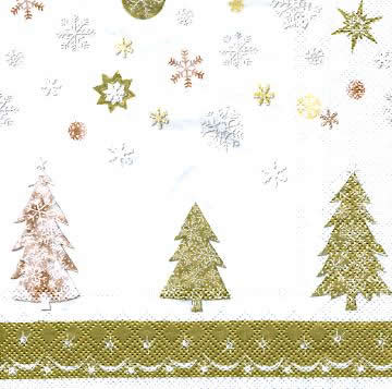 20 Servietten - 33 x 33 cm ,  Sonstiges - Muster,  Regionen - Wald / Wiesen,  Winter - Kristalle / Flocken,  Weihnachten,  lunchservietten,  Goldener Hintergrund mit weißen Tannen Schneeflocken und Muster