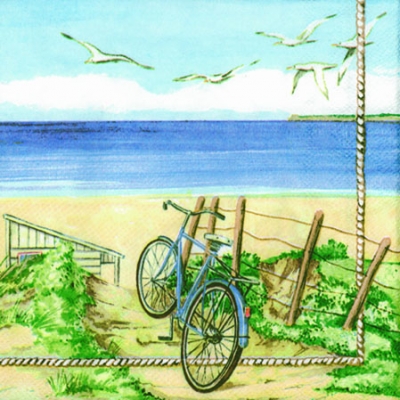 20 Servietten - 25 x 25 cm BEACH BICYCLE,  Tiere - Vögel,  Regionen - Strand / Meer -  Sonstige,  Sommer,  cocktail servietten,  Tauben,  Strand,  Fahrrad