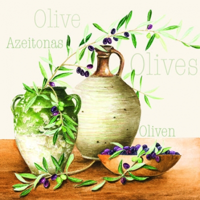 20 Servietten - 25 x 25 cm MEDITERRANEAN OLIVES,  Regionen - Mediteran,  Sonstiges - Schriften,  Früchte - Oliven,  Sommer,  cocktail servietten