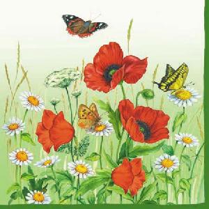 20 Servietten - 25 x 25 cm POPPY GREEN,  Tiere - Schmetterlinge,  Blumen - Magariten,  Blumen - Mohn,  Sommer,  cocktail servietten