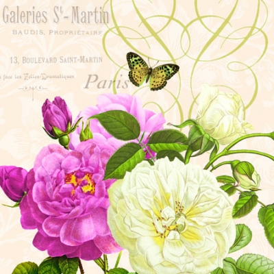 20 Servietten - 25 x 25 cm PINK AND WHITE ROSES CREAM,  Sonstiges - Schriften,  Tiere - Schmetterlinge,  Blumen - Rosen,  Sommer,  cocktail servietten