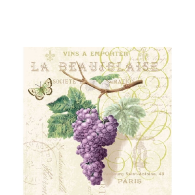20 Servietten - 25 x 25 cm PURPLE GRAPES CREAM,  Sonstiges - Schriften,  Früchte - Weintrauben,  Sommer,  cocktail servietten