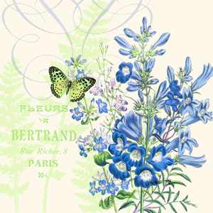 20 Servietten - 25 x 25 cm SPRING FLEURS,  Tiere - Schmetterlinge,  Sonstiges - Schriften,  Blumen,  Sommer,  cocktail servietten,  Rittersporn
