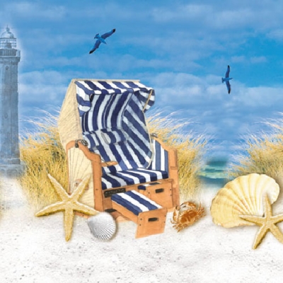 20 Servietten - 25 x 25 cm DAY AT SEA,  Regionen - Strand / Meer - Muscheln,  Regionen - Strand / Meer - Leuchttürme,  Sommer,  cocktail servietten,  Strandkorb,  Möwen,  Seesterne