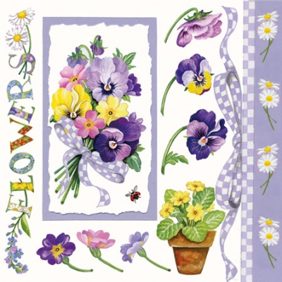 20 Servietten - 25 x 25 cm PANSY BOUQUET,  Sonstiges - Schriften,  Blumen - Stiefmütterchen,  Blumen - Primeln,  Frühjahr,  cocktail servietten