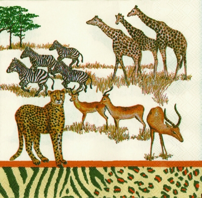 20 Servietten - 33 x 33 cm SAFARI, Tiere -  Sonstige,  Tiere - Zebras,  Tiere - Giraffen,  Regionen - Afrika,  Everyday,  lunchservietten,  Savanne,  Leopard,  Springbock,  Zebra,  Giraffe