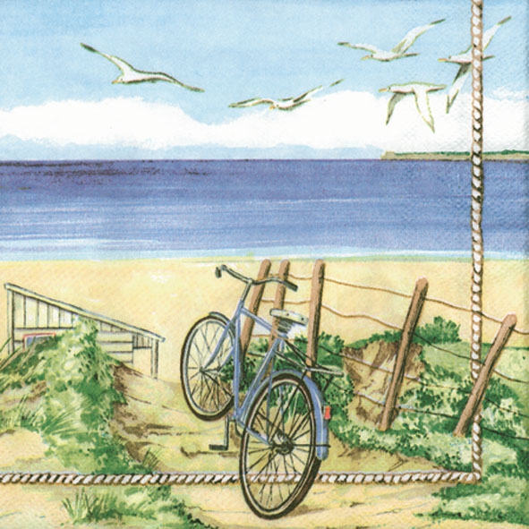 20 Servietten - 33 x 33 cm BEACH BICYCLE,  Fahrzeuge - Fahrräder,  Tiere - Vögel,  Regionen - Strand / Meer -  Sonstige,  Sommer,  lunchservietten,  Fahrrad am Strand,  Möwen