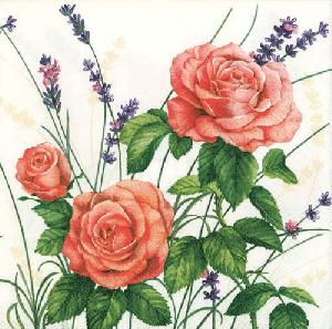 20 Servietten - 33 x 33 cm LAVENDER ROSES CREME, Blumen -  Sonstige,  Blumen,  Blumen - Lavendel,  Blumen - Rosen,  Sommer,  lunchservietten,  Rote Rosen mit Lavendel