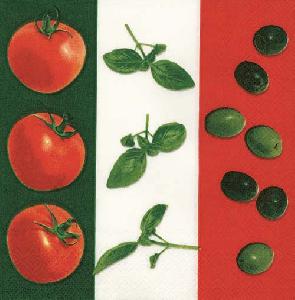 20 Servietten - 33 x 33 cm ITALIAN RED,  Pflanzen - Küchenkräuter,  Gemüse - Tomaten,  Früchte - Oliven,  Sommer,  lunchservietten,  Basilikum