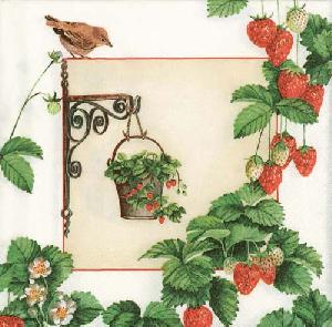 20 napkins - 33 x 33 cm HANGING FRUIT CREME, Animals - birds,  Fruits,  Fruits - other,  Fruits - strawberries,  Spring,  lunchnapkins,  Strawberries,  garden