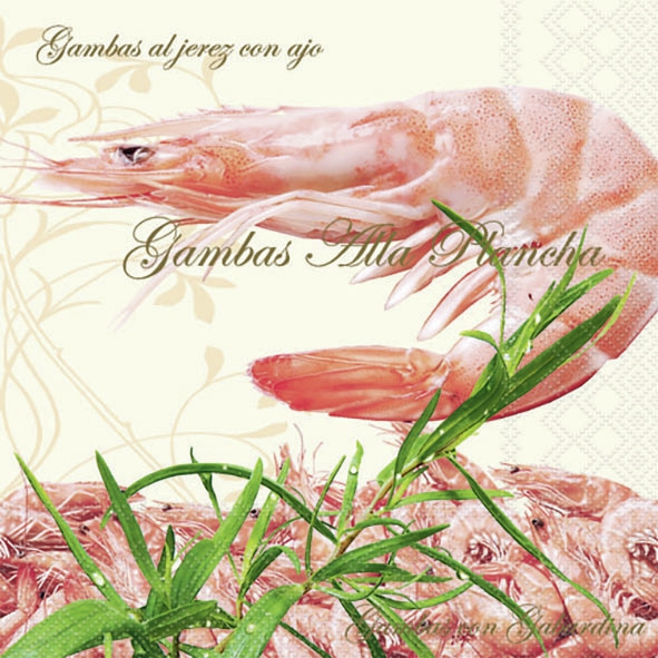 20 Servietten - 33 x 33 cm GAMBAS CREAM,  Sonstiges - Schriften,  Essen - Krebse / Krabben,  Sommer,  lunchservietten,  Gambas,  Rosmarin