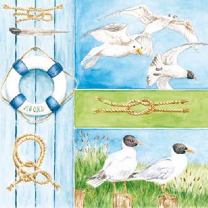 20 Servietten - 33 x 33 cm SEAGULLS,  Tiere - Vögel,  Regionen - Strand / Meer -  Sonstige,  Sommer,  lunchservietten,  Möwen,  Seemannsknoten,  Rettungsringe