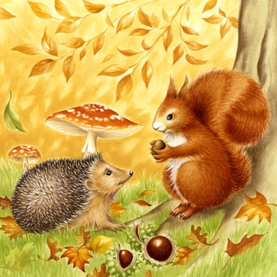 20 Servietten - 33 x 33 cm HEDGEHOG AND SQUIRREL, Früchte - Pilze,  Tiere - Igel,  Tiere - Eichhörnchen,  Herbst - Blätter / Laub,  Herbst,  lunchservietten