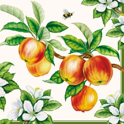 20 Servietten - 33 x 33 cm APPLE TREE CREAM,  Früchte - Äpfel,  Sommer,  lunchservietten