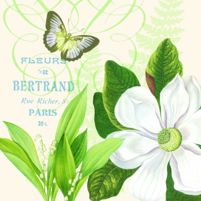 20 Servietten - 33 x 33 cm MAGNOLIA FLEURS CREAM,  Blumen -  Sonstige,  Sonstiges - Schriften,  Tiere - Schmetterlinge,  Sommer,  lunchservietten,  Mispeln,  Mispelblüten