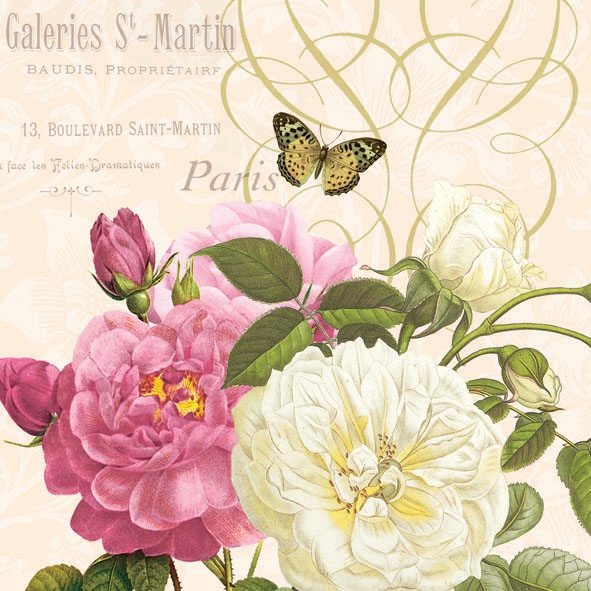 20 Servietten - 33 x 33 cm PINK AND WHITE ROSES CREAM,  Tiere - Schmetterlinge,  Sonstiges - Schriften,  Blumen - Rosen,  Sommer,  lunchservietten