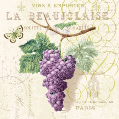 20 Servietten - 33 x 33 cm PURPLE GRAPES CREAM, Tiere - Schmetterlinge,  Sonstiges - Schriften,  Regionen - Länder - Frankreich,  Früchte - Weintrauben,  Sommer,  lunchservietten