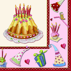 20 Servietten - 33 x 33 cm HAPPY BIRTHDAY PINK,  Essen - Kuchen / Keks,  Ereignisse - Geburtstag,  Everyday,  lunchservietten,  Kerzen