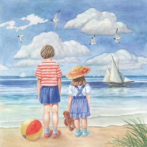 20 Servietten - 33 x 33 cm SEA SIDE,  Regionen - Strand / Meer - Schiffe,  Regionen - Strand / Meer -  Sonstige,  Menschen - Kinder,  Sommer,  lunchservietten,  Strand,  Möwen,  Wolken,  Dünen