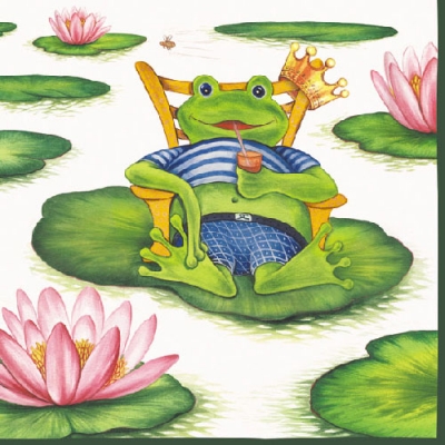 20 Servietten - 33 x 33 cm HOLIDAY FROG,  Tiere - Frösche,  Blumen - Seerosen,  Sommer,  lunchservietten,  Krone