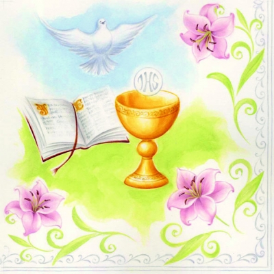 20 Servietten - 33 x 33 cm HOLY COMMUNION,  Ereignisse - Feier,  Tiere -  Sonstige,  Blumen -  Sonstige,  Frühjahr,  lunchservietten,  Tauben,  Bibel,  Kelche,  Lilien,  Konfirmation