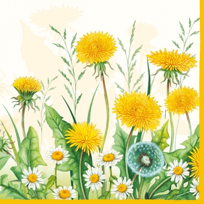 20 Servietten - 33 x 33 cm FLOWERING MEADOW,  Blumen - Magariten,  Frühjahr,  lunchservietten,  Löwenzahn,  Gräser